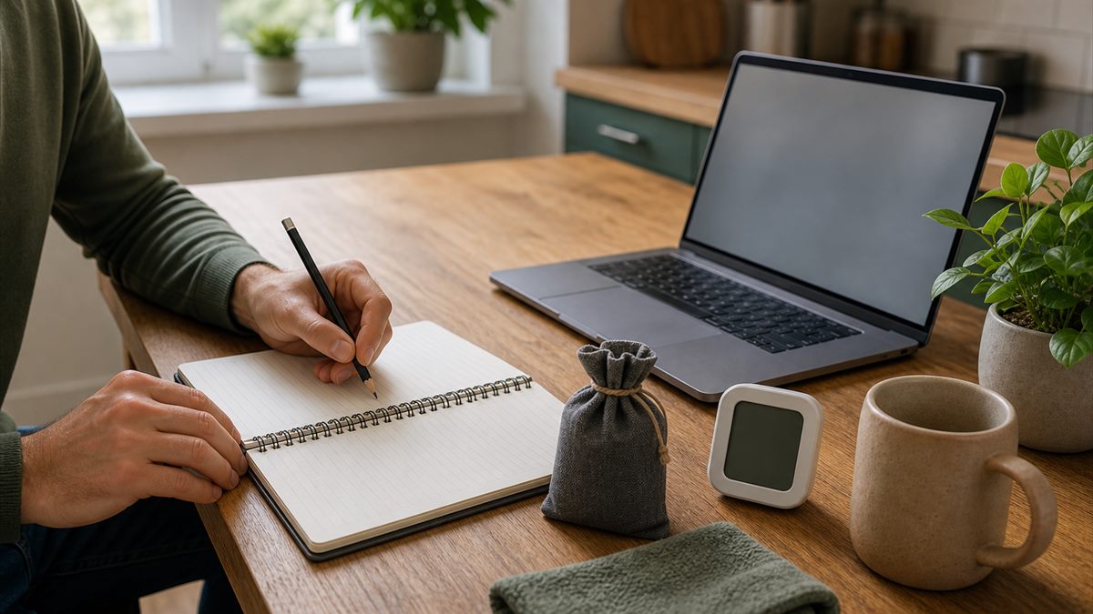 Notes for a household odor report on a desk