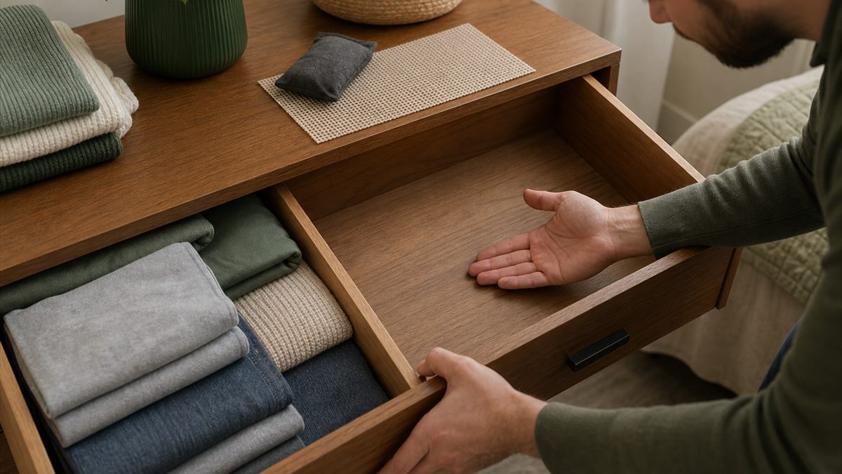 Old drawer being inspected for trapped odor and humidity